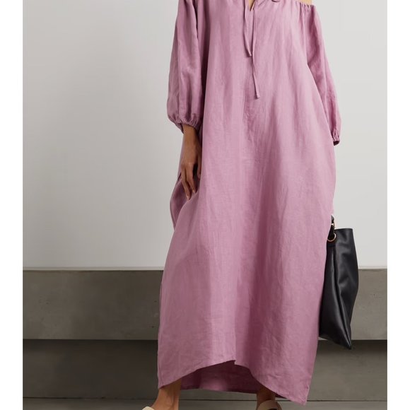 Deiji Studios The Blousy gathered washed-linen Midi Dress | NWT | M/L | Pink - Picture 3 of 6